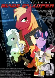 Size: 720x1008 | Tagged: safe, artist:kabukikatze, derpibooru import, big macintosh, derpy hooves, doctor whooves, granny smith, mayor mare, time turner, twilight sparkle, zecora, earth pony, pony, zebra, blade runner, male, movie poster, stallion