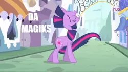 Size: 1277x718 | Tagged: derpibooru import, edit, edited screencap, eyes closed, hub logo, mane flip, safe, screencap, solo, spoiler:s03, the crystal empire, twilight sparkle