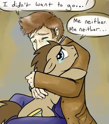 Size: 459x525 | Tagged: safe, artist:jitterbugjive, derpibooru import, doctor whooves, time turner, human, pony, crossover, crying, david tennant, doctor who, duo, hug, human ponidox, i don't want to go, sad, tenth doctor, timelord ponidox