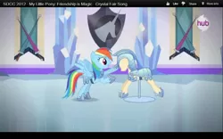 Size: 1280x800 | Tagged: animation error, armor, bipedal, bipedal leaning, derpibooru import, hub logo, jousting, leaning, mannequin, no ears, rainbow dash, safe, san diego comic con, screencap, sdcc 2012, season 3, solo, spoiler:s03, the ballad of the crystal empire, the crystal empire, youtube