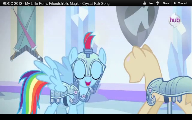 Size: 1280x800 | Tagged: armor, derpibooru import, hub logo, jousting, mannequin, rainbow dash, safe, san diego comic con, screencap, sdcc 2012, season 3, spoiler:s03, the crystal empire, youtube