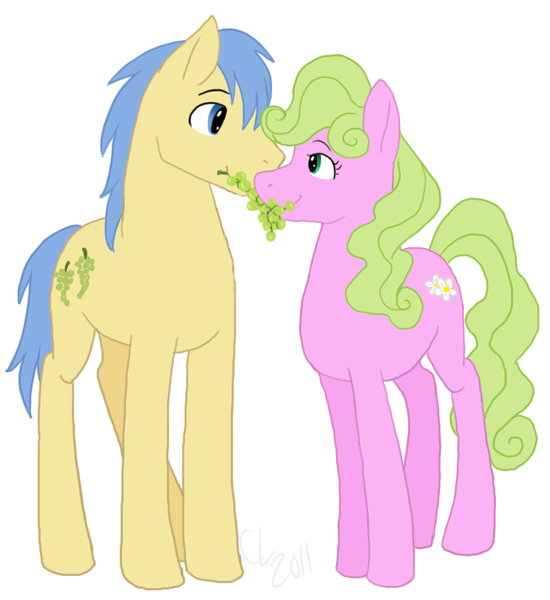 Size: 689x751 | Tagged: safe, artist:cartoonlion, derpibooru import, daisy, flower wishes, goldengrape, sir colton vines iii, earth pony, pony, daisygrape, female, grapes, male, mare, shipping, stallion, straight