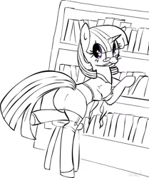 Size: 1202x1435 | Tagged: artist:zev, clothes, derpibooru import, glasses, grayscale, librarian, monochrome, plot, shirt, skirt, stockings, suggestive, twilight sparkle