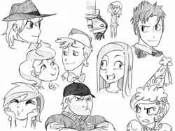 Size: 1600x1200 | Tagged: applejack, artist:thelivingmachine02, braeburn, carrot cake, crafty crate, cup cake, dashface, david tennant, derpibooru import, derpy hooves, doctor who, doctor whooves, humanized, monochrome, pinkamena diane pie, pinkie pie, ponibooru import, rainbow dash, safe, simple background, tardis, tenth doctor, time turner, white background