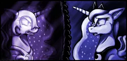 Size: 1024x492 | Tagged: artist:inuhoshi-to-darkpen, derpibooru import, duality, mirror, nightmare moon, princess luna, sad, safe, scared