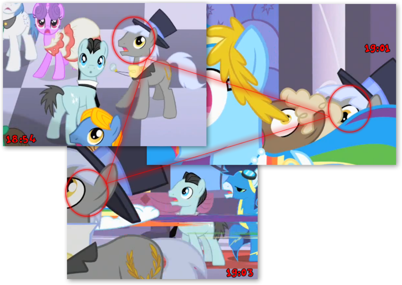 Size: 816x579 | Tagged: bruce mane, caesar, derpibooru import, edit, edited screencap, hat, herald, monocle and top hat, north star, orion, perfect pace, rainbow dash, safe, screencap, sealed scroll, shooting star (character), soarin', teleportation, the best night ever, the master