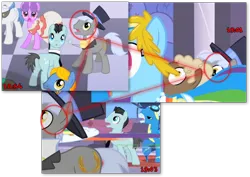 Size: 816x579 | Tagged: bruce mane, caesar, derpibooru import, edit, edited screencap, hat, herald, monocle and top hat, north star, orion, perfect pace, rainbow dash, safe, screencap, sealed scroll, shooting star (character), soarin', teleportation, the best night ever, the master