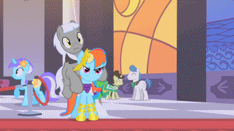 Size: 335x188 | Tagged: animated, artist:allitalianrejects, bucking, caesar, caesardash, derpibooru import, diamond mint, fine line, maxie, minuette, orion, rainbow dash, rejection, safe, screencap, shooting star (character), the best night ever