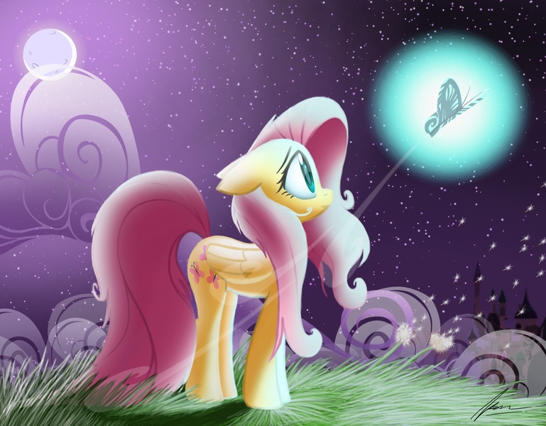 Size: 2492x1945 | Tagged: artist:twintailsinc, butterfly, derpibooru import, fluttershy, night, safe