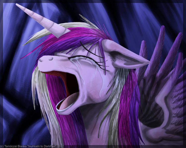 Size: 900x720 | Tagged: artist:inuhoshi-to-darkpen, crying, derpibooru import, despair, eyes closed, floppy ears, messy mane, open mouth, princess cadance, princess sadance, sad, safe, solo, spread wings