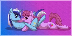 Size: 1024x519 | Tagged: suggestive, artist:inuhoshi-to-darkpen, derpibooru import, berry punch, berryshine, minuette, :p, bedroom eyes, berrygate, blushing, cuddling, eye contact, female, lesbian, on back, prone, shipping, smiling, snuggling, tongue out