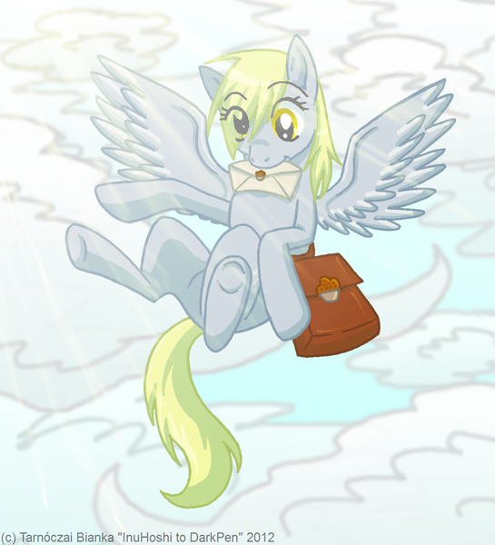 Size: 900x990 | Tagged: safe, artist:inuhoshi-to-darkpen, derpibooru import, derpy hooves, pegasus, pony, cloud, cloudy, female, flying, letter, mail, mailbag, mare, mouth hold, underhoof