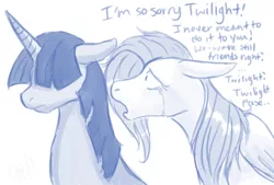 Size: 1158x784 | Tagged: artist:cartoonlion, bangs, crying, derpibooru import, dialogue, female, floppy ears, fluttershy, frown, futa, futa fluttershy, grayscale, hair over eyes, hidden eyes, intersex, monochrome, oc, oc:futashy, open mouth, sad, safe, shipping, twilight sparkle, twishy, wide eyes