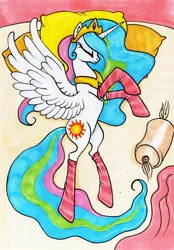 Size: 1692x2436 | Tagged: safe, artist:dragonfly, derpibooru import, princess celestia, alicorn, pony, bed, clothes, crown, eyes closed, female, jewelry, mare, necklace, pillow, regalia, socks, solo, spread wings, striped socks, traditional art, wings