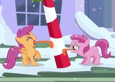 Size: 400x287 | Tagged: safe, derpibooru import, screencap, ruby pinch, scootaloo, hearth's warming eve (episode), a christmas story, animated, candy, candy cane, food, hearth's warming eve, hub logo, hubble, ouch, stuck, the hub, tongue out, tongue stuck to pole