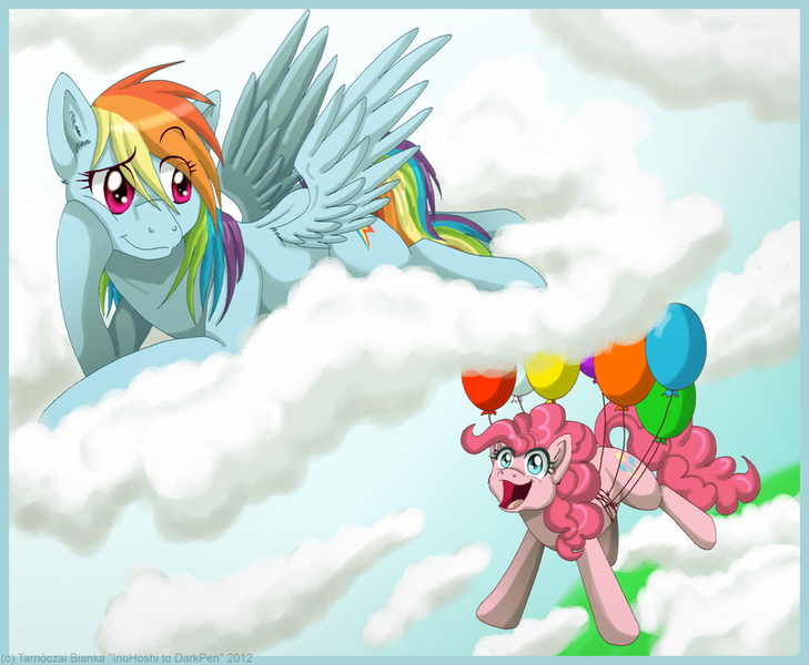 Size: 800x658 | Tagged: safe, artist:inuhoshi-to-darkpen, derpibooru import, pinkie pie, rainbow dash, balloon, cloud, cloudy, female, lesbian, pinkiedash, shipping, then watch her balloons lift her up to the sky