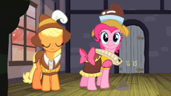 Size: 720x405 | Tagged: animated, applejack, brilliant, brilliant face, chancellor puddinghead, derpibooru import, faic, hearth's warming eve, hearth's warming eve (episode), image macro, pinkie pie, safe, screencap, smart cookie, tenso, zoom