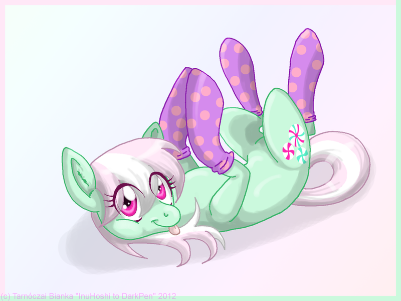 Size: 900x675 | Tagged: suggestive, artist:inuhoshi-to-darkpen, derpibooru import, minty, clothes, female, g3, g3 to g4, generation leap, on back, socks, solo, solo female, tongue out