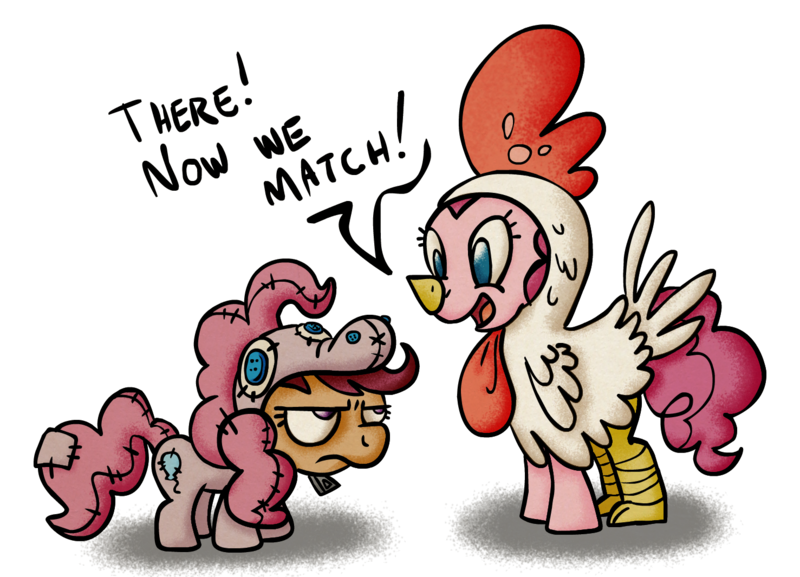 Size: 1477x1065 | Tagged: animal costume, artist:blimpslap, chicken pie, chicken suit, clothes, costume, dead source, derpibooru import, implied scootachicken, pinkie costume, pinkie pie, pony costume, safe, scootaloo, scootaloo is not amused, unamused