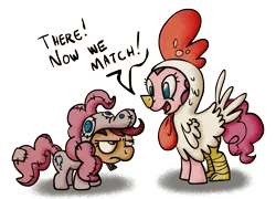 Size: 1477x1065 | Tagged: animal costume, artist:blimpslap, chicken pie, chicken suit, clothes, costume, dead source, derpibooru import, implied scootachicken, pinkie costume, pinkie pie, pony costume, safe, scootaloo, scootaloo is not amused, unamused