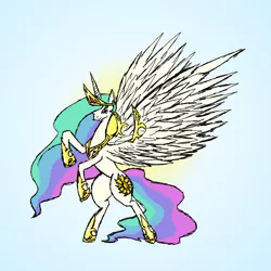 Size: 1500x1500 | Tagged: safe, artist:spromultis, derpibooru import, princess celestia, alicorn, pony, crown, female, hoof shoes, jewelry, mare, rearing, regalia, solo, spread wings, wings