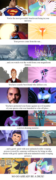 Size: 800x2564 | Tagged: changeling, changeling queen, derpibooru import, discord, female, general zod, jimmy olsen, meta, mr. mxyzptlk, nightmare moon, princess celestia, queen chrysalis, safe, superdickery, superman, trollestia, twilight sparkle