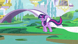 Size: 320x180 | Tagged: animated, derpibooru import, duo, glowing horn, horn, hub logo, safe, screencap, solo focus, spike, spoiler:s03, teleportation, the crystal empire, the failure song, twilight sparkle, waterlily