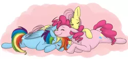 Size: 1338x621 | Tagged: artist:cartoonlion, derpibooru import, flutterdashpie, fluttershy, ot3, pinkie pie, rainbow dash, safe, sleeping