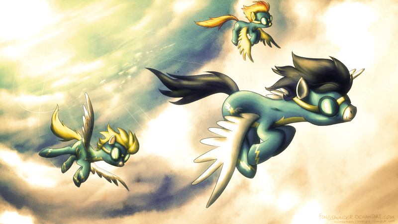 Size: 1920x1080 | Tagged: artist:fongsaunder, cloud, cloudy, derpibooru import, flying, g1, goggles, safe, soarin', spitfire, surprise, wonderbolts, wonderbolts uniform