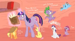 Size: 1762x966 | Tagged: safe, artist:cartoonlion, derpibooru import, applejack, fluttershy, pinkie pie, rainbow dash, rarity, spike, twilight sparkle, earth pony, pegasus, pony, unicorn, age regression, applejack's hat, baby, baby pony, book, cowboy hat, crying, fanfic art, filly, flying, hat, hat over eyes, image, magic, mama twilight, mane seven, panicking, pinkamena diane pie, png, telekinesis, unicorn twilight