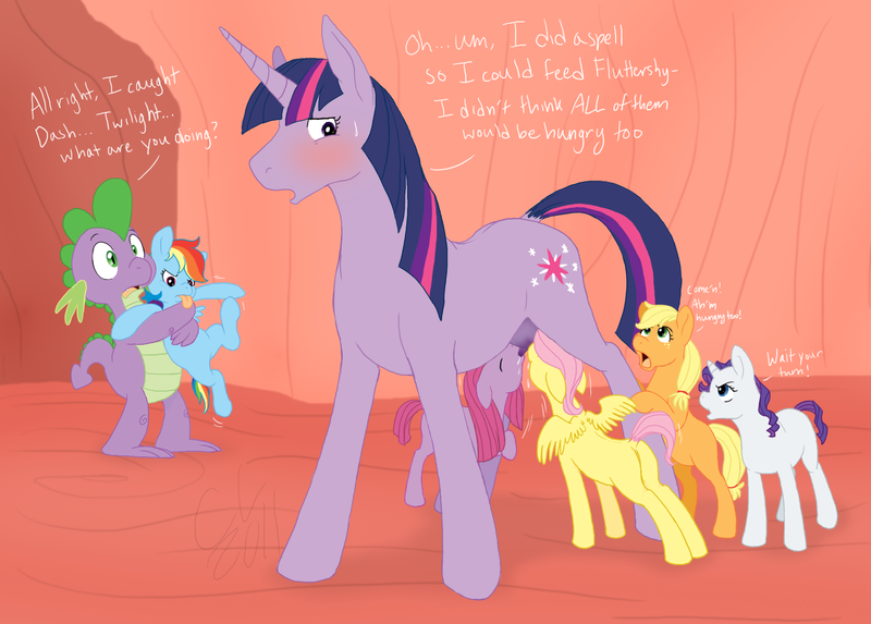 Size: 1940x1390 | Tagged: suggestive, artist:cartoonlion, derpibooru import, applejack, fluttershy, pinkie pie, rainbow dash, rarity, spike, twilight sparkle, earth pony, pegasus, pony, unicorn, age regression, blushing, breastfeeding, crotchboobs, cute, dialogue, dock, eyes closed, female, filly, mama twilight, mane seven, mane six, mare, nipples, nonsexual nursing, nudity, nursing, pinkamena diane pie, pony milk, spread wings, suckling, teats, tongue out, unicorn twilight, wings