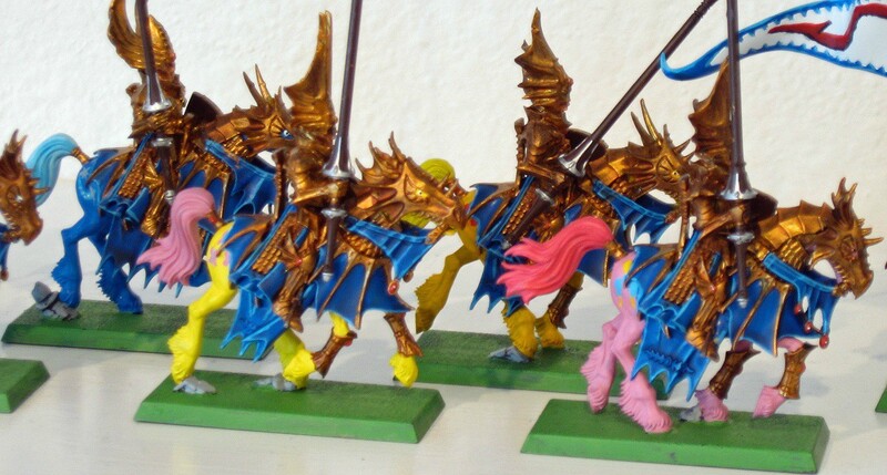 Size: 1250x670 | Tagged: applejack, barding, custom, derpibooru import, dragon princes of caledor, elf, figurine, fluttershy, gaming miniature, helmet, high elf, horse, irl, knight, lance, miniature, photo, pinkie pie, riding, safe, toy, trixie, unshorn fetlocks, warhammer fantasy, warhammer (game), weapon