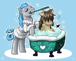 Size: 766x617 | Tagged: safe, artist:emlan, derpibooru import, squeaky clean, earth pony, pony, bath, bathtub, blue background, brush, bubble bath, claw foot bathtub, duo, male, pigpen, simple background, stallion, suds, the perfect stallion, washing, wavy mouth, yellow background