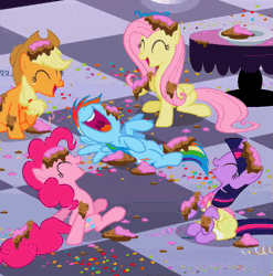 Size: 595x603 | Tagged: animated, applejack, birthday dress, cake, clothes, confetti, cropped, cute, derpibooru import, dress, fluttershy, laughing, laughingmares.jpg, loop, messy, nose in the air, party, pinkie pie, rainbow dash, safe, screencap, sweet and elite, twilight sparkle
