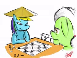 Size: 800x600 | Tagged: artist:starykrow, chess, conical hat, derpibooru import, granny smith, hat, rainbow dash, safe