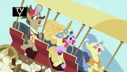Size: 685x385 | Tagged: safe, derpibooru import, screencap, globe trotter, lemon chiffon, winter wisp, the mysterious mare do well, animated, carriage, cart, screaming, tongue out, tourist, tv rating