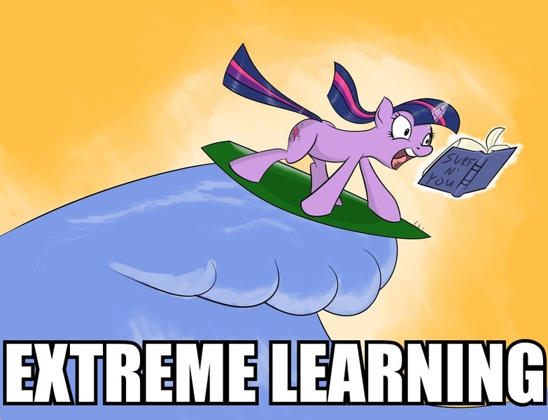 Size: 900x690 | Tagged: artist:rankao, book, derpibooru import, extreme, extreme learning, image macro, safe, surfing, twilight sparkle