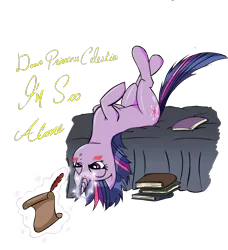 Size: 1249x1372 | Tagged: suggestive, artist:zev, derpibooru import, twilight sparkle, pony, unicorn, bed, blushing, female, i'm so alone, letter, lonely, magic, mare, on back, sad, simple background, transparent background, unicorn twilight, upside down, writing