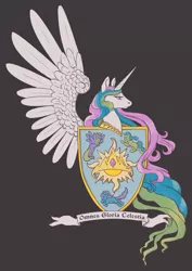 Size: 831x1175 | Tagged: safe, artist:red-dog, derpibooru import, princess celestia, alicorn, earth pony, pegasus, pony, unicorn, blackletter, coat of arms, crown, female, gray background, heraldry, latin, mare, motto, shield, simple background, sun