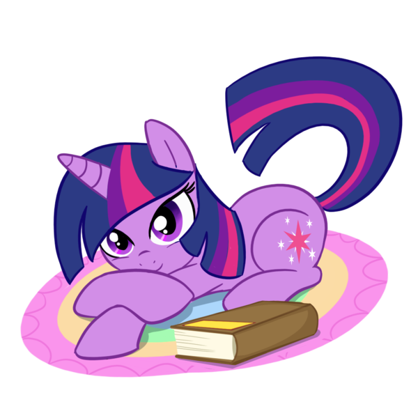 Size: 1000x1000 | Tagged: artist:madmax, book, derpibooru import, looking at you, prone, rug, safe, simple background, tail flick, transparent background, twilight sparkle