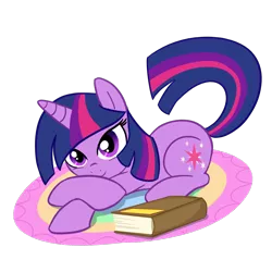 Size: 1000x1000 | Tagged: artist:madmax, book, derpibooru import, looking at you, prone, rug, safe, simple background, tail flick, transparent background, twilight sparkle
