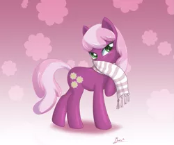 Size: 887x741 | Tagged: safe, artist:moonsango, deleted from derpibooru, derpibooru import, cheerilee, earth pony, bedroom eyes, blushing, cheeribetes, clothes, cute, female, flower, mare, scarf, shy, solo