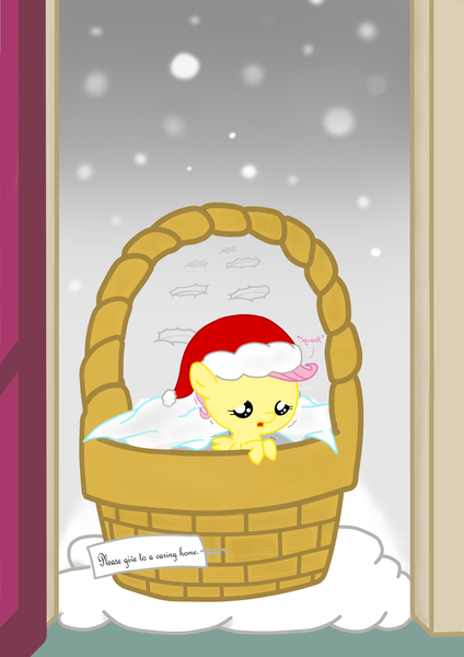 Size: 1200x1700 | Tagged: safe, artist:staticwave12, derpibooru import, fluttershy, pony, abandoned, baby, baby pony, babyshy, basket, bronybait, filly, foal, hat, neglect, pony in a basket, santa hat, solo, winter