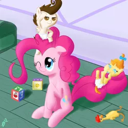 Size: 1000x1000 | Tagged: artist:paradigmpizza, cake twins, derpibooru import, diaper, pinkie pie, pound cake, pumpkin cake, rubber chicken, safe, siblings