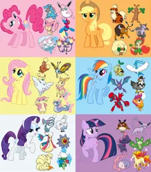 Size: 1000x1143 | Tagged: applejack, crossover, derpibooru import, fluttershy, mane six, pinkie pie, pokémon, pokémon team, rainbow dash, rarity, safe, scootachicken, scootaloo, twilight sparkle