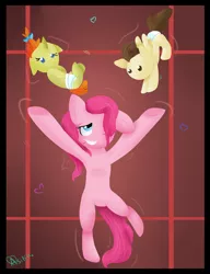 Size: 1016x1322 | Tagged: safe, artist:asikku, derpibooru import, pinkie pie, pound cake, pumpkin cake, pony, bipedal, cake twins, diaper, siblings, wet mane