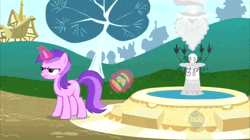 Size: 480x268 | Tagged: amethyst star, animated, annoyed, derpibooru import, fountain, frown, hub logo, loop, peanut butter, safe, screencap, solo, the mysterious mare do well
