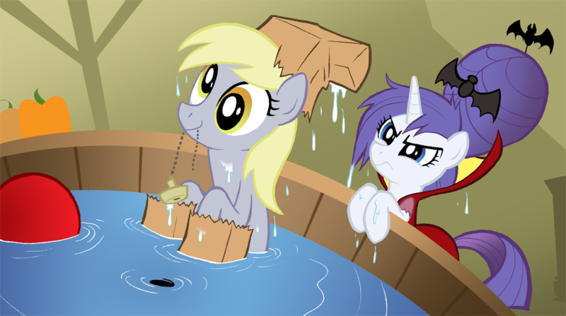 Size: 1000x559 | Tagged: safe, artist:willdrawforfood1, derpibooru import, derpy hooves, rarity, pegasus, pony, costume, deleted scene, female, mare, nightmare night, nightmare night rarity, paper bag wizard