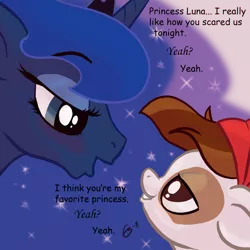 Size: 900x900 | Tagged: safe, artist:gavalanche, derpibooru import, pipsqueak, princess luna, alicorn, earth pony, pony, luna eclipsed, bedroom eyes, black background, blushing, colt, comic sans, eye contact, female, floppy ears, grin, lidded eyes, looking at each other, lunapip, male, mare, scene interpretation, shipping, simple background, smiling, straight, text