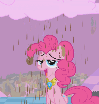 Size: 343x360 | Tagged: safe, derpibooru import, screencap, pinkie pie, earth pony, pony, the return of harmony, animated, chocolate rain, cloud, cotton candy, cotton candy cloud, cropped, discorded landscape, element of laughter, female, food, mare, purple sky